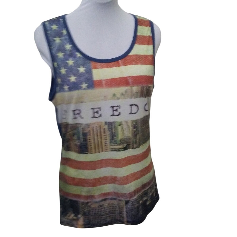 Patriotic Freedom American Flag NYC Skyline Graphic Tank Top‎ Blue Red White